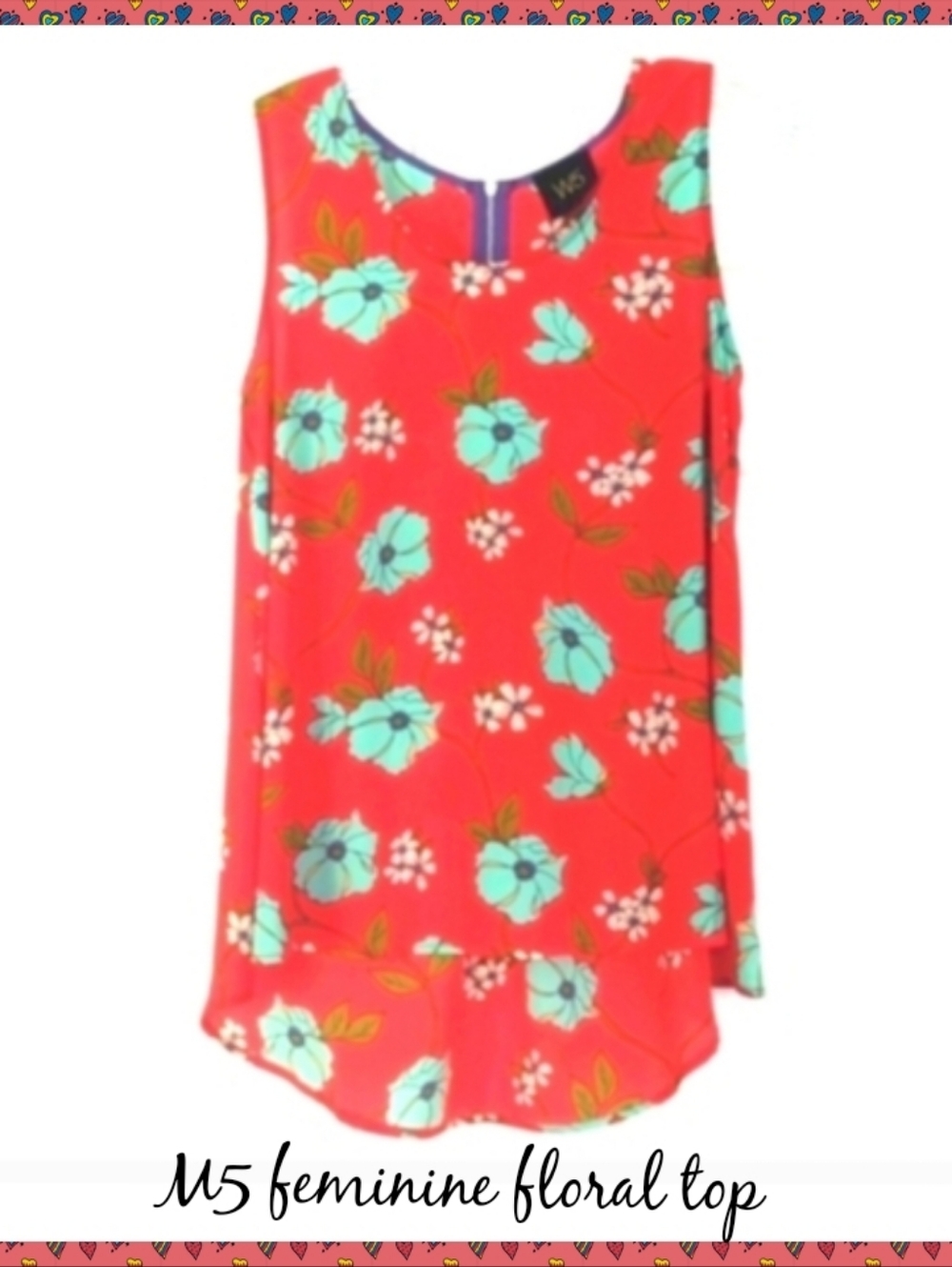 W5 Coral-Red Floral Sleeveless Cami Top Flowers Medium A-line Silhouette